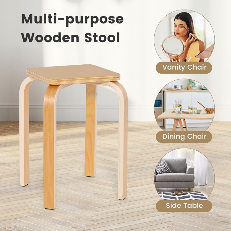 Natural wooden stool with a square top and rounded corners, perfect as a dining chair or side table for versatile use.