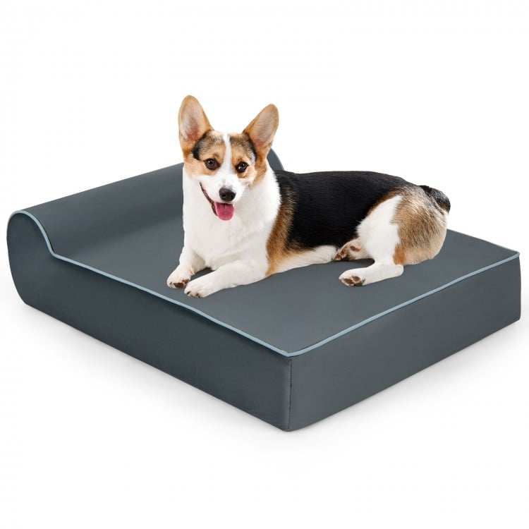 Orthopedic dog bed in grey with headrest, featuring graphene memory foam for comfort and support, ideal for large dogs.