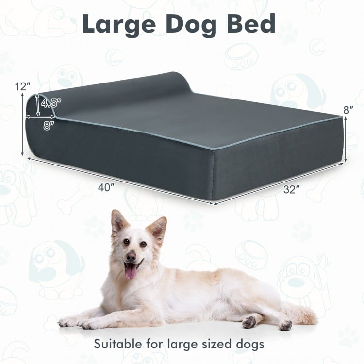 Large orthopedic dog bed with headrest, grey fabric, and removable cover, ideal for large dogs' comfort and support.