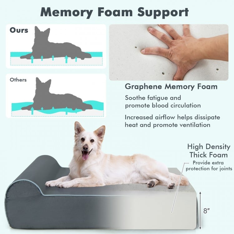 Orthopedic dog bed with headrest, grey, featuring graphene memory foam for joint support and removable washable cover.