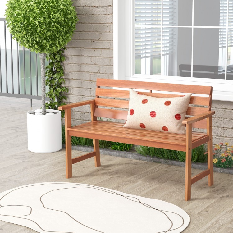 Solid wood 2-seat patio bench with breathable slatted seat and inclined backrest, perfect for outdoor relaxation.