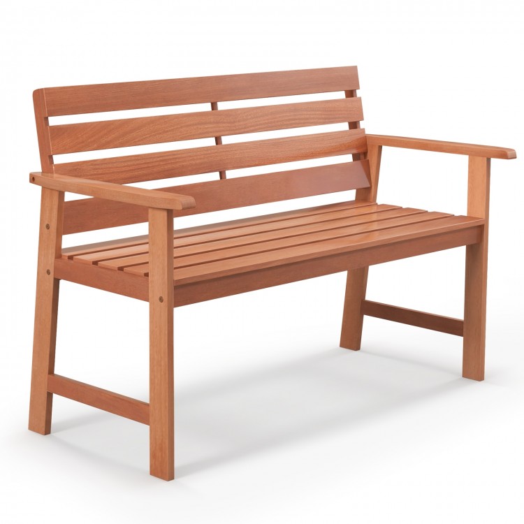 Solid wood patio bench with slatted seat, inclined backrest, and wide armrests, ideal for backyard relaxation.