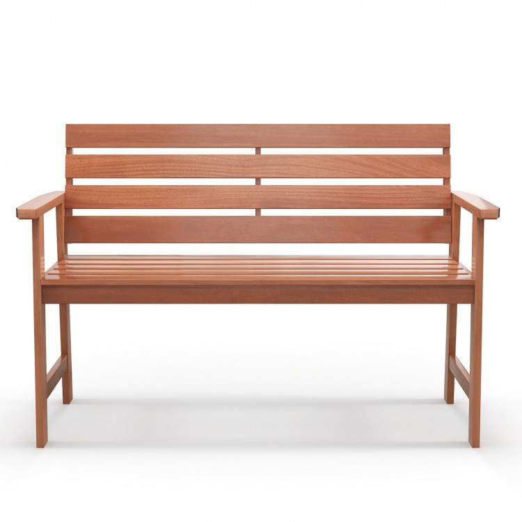 Solid wood 2-seat patio bench with slatted seat, inclined backrest, and wide armrests for outdoor comfort and.