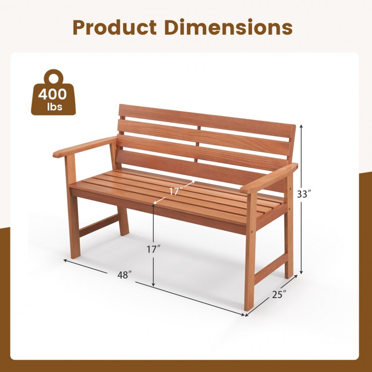 Patio solid wood bench with slatted seat and inclined backrest, dimensions 48"x25"x33", supports 400 lbs for outdoor.