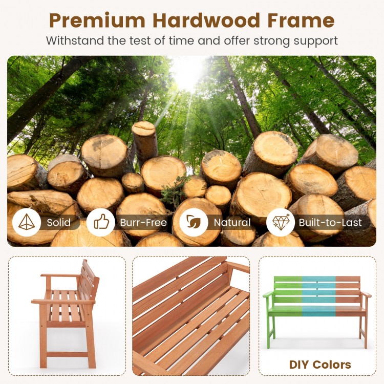 Patio solid wood bench with slatted seat and inclined backrest, ideal for outdoor relaxation in backyard or porch.