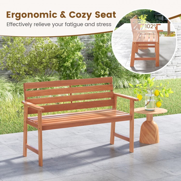 Patio solid wood bench with slatted seat and inclined backrest, perfect for outdoor relaxation in backyard or porch.