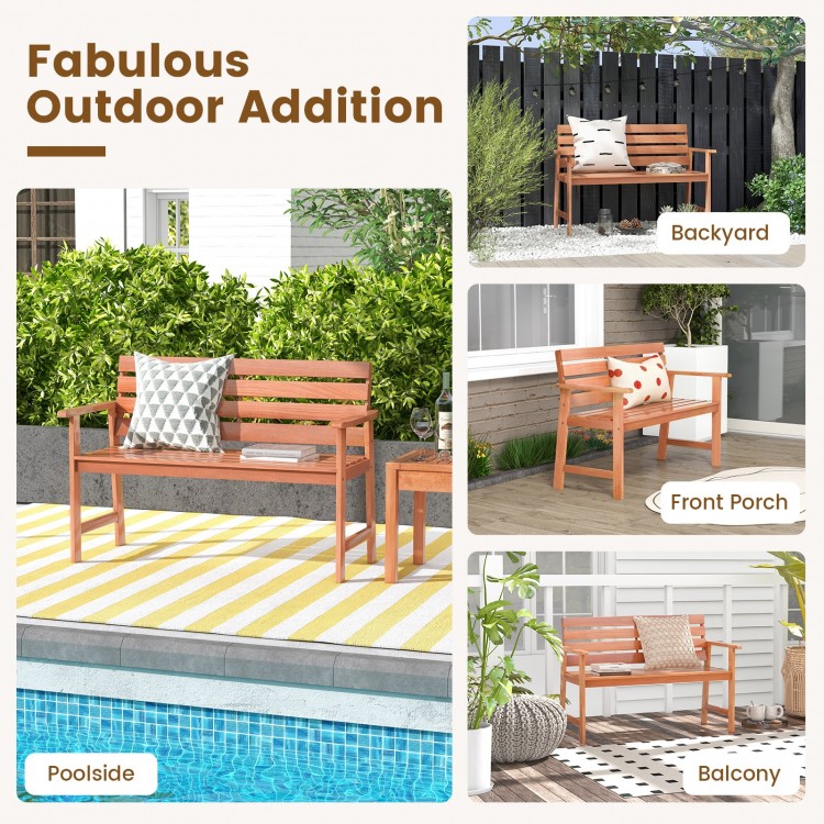 Patio solid wood bench with slatted seat and inclined backrest, ideal for backyard, porch, or poolside relaxation.