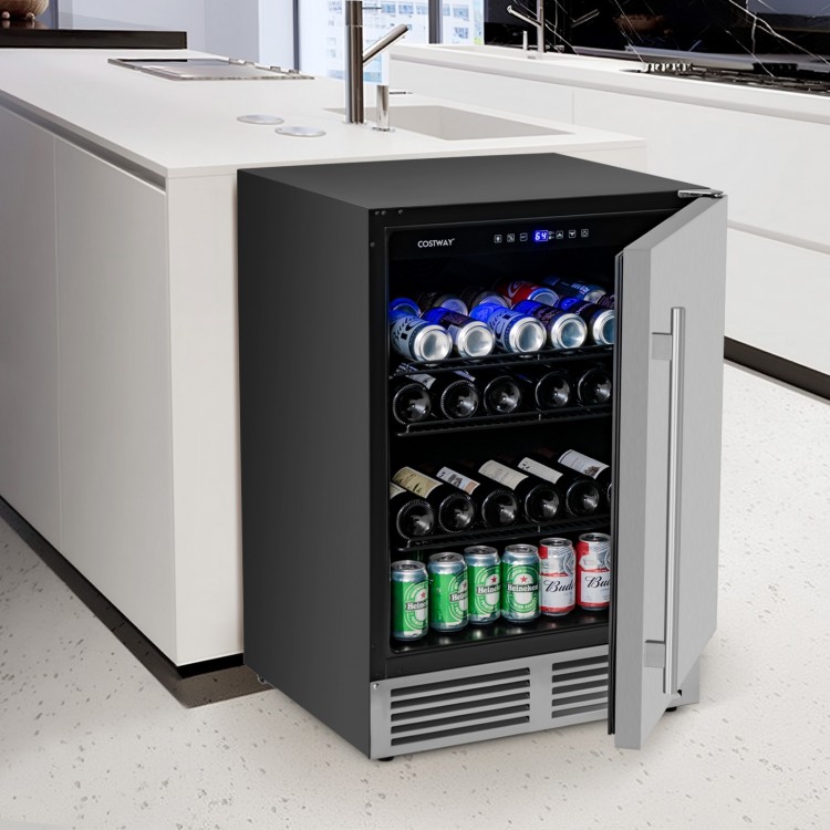 24-inch beverage refrigerator with removable shelves, adjustable temperature, and stainless steel handle for chilling.