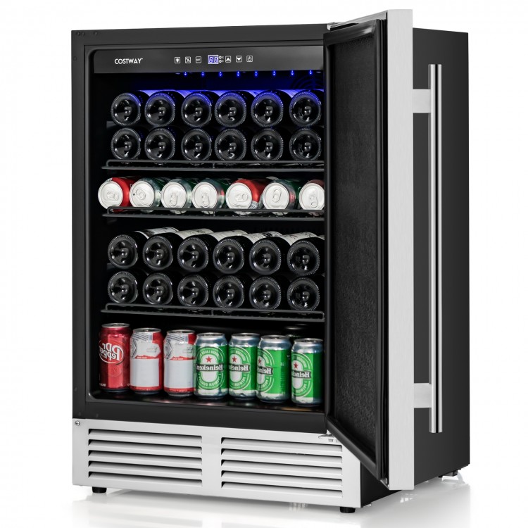 24-inch beverage refrigerator with removable shelves, holding 190 cans, featuring adjustable temperature and stainless.