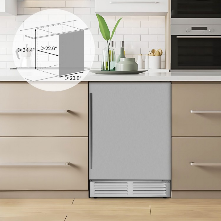 24-inch silver beverage refrigerator with removable shelves, adjustable temperature, and sleek design for kitchen use.