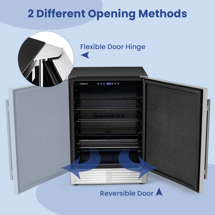 Beverage refrigerator with reversible door, adjustable temperature, and removable shelves for chilling up to 190 cans.
