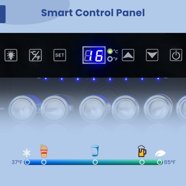 Smart control panel displaying temperature settings for the 24-inch beverage refrigerator with adjustable cooling.