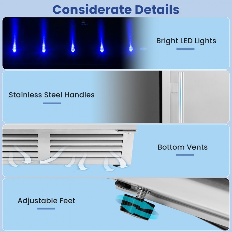 Bright LED lights and stainless steel handles on the 24-inch beverage refrigerator for easy access and visibility.