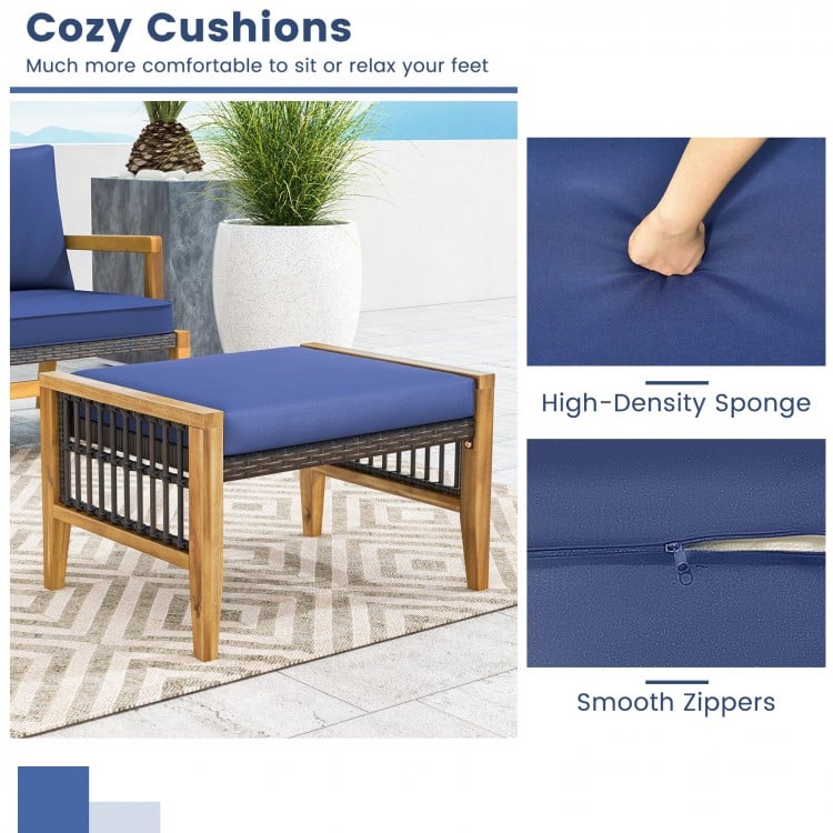 Navy cushion ottoman with acacia wood frame and PE rattan design, ideal for outdoor relaxation and versatile use.