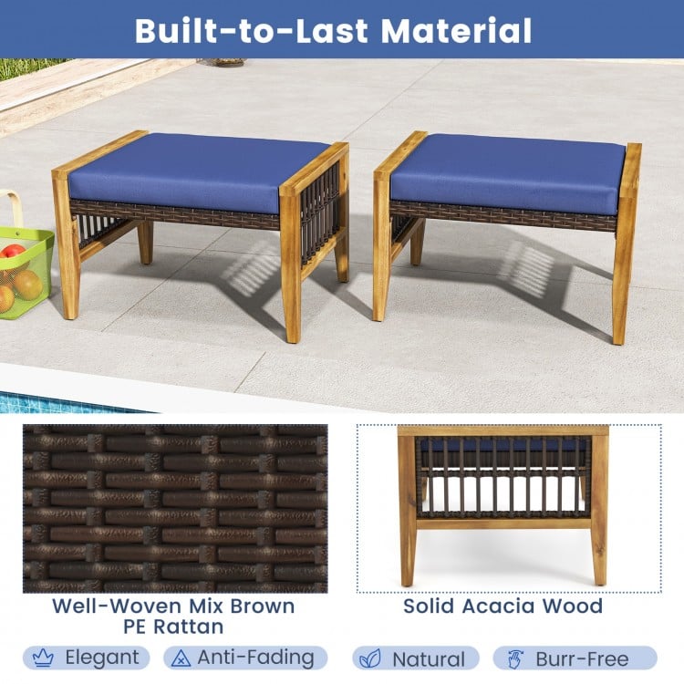 Navy cushion ottomans made of solid acacia wood and mix brown PE rattan, ideal for outdoor relaxation by the poolside.