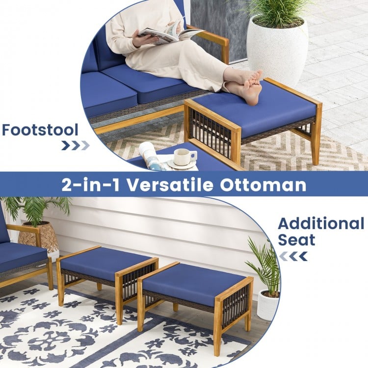 Versatile navy ottomans with acacia wood frame, removable cushions for footrests or additional seating, ideal for.
