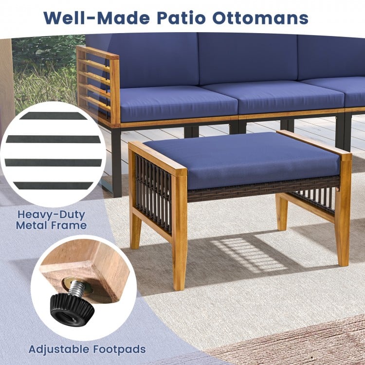 Navy cushion patio ottoman with acacia wood frame and rattan design, ideal for outdoor seating or footrest use.