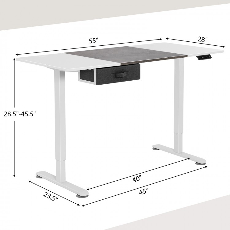 Height adjustable electric standing desk in gray with USB port, spacious surface, and fabric drawer for organized.