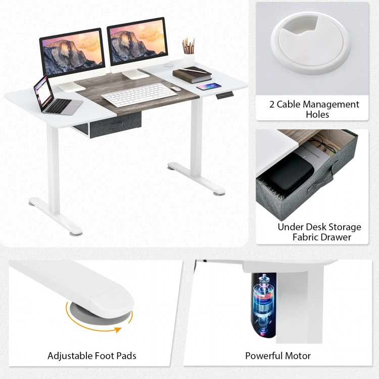 Height adjustable electric standing desk in gray with USB port, under-desk storage, and cable management features.