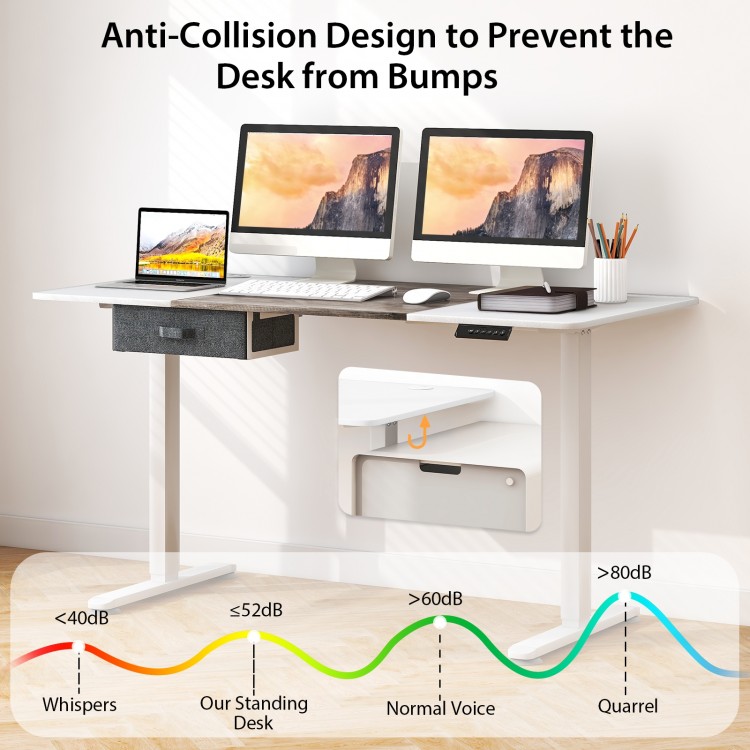 Height adjustable electric standing desk in gray with USB port, anti-collision design, and spacious surface for work or.