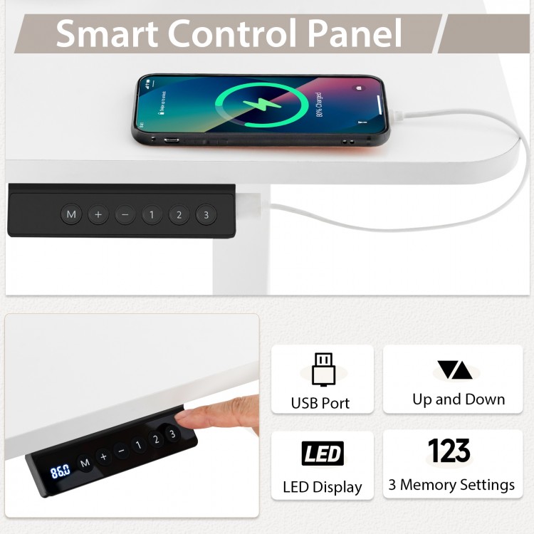 Smart control panel of the height adjustable electric standing desk with USB port and LED display for easy height.