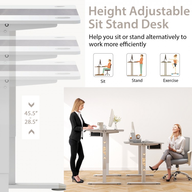 Height adjustable electric standing desk in gray, with USB charging port, ranges from 28.5" to 45.5" for versatile use.