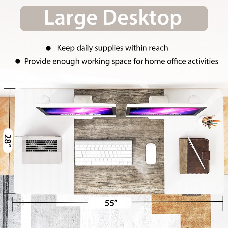Height adjustable electric standing desk in gray with a spacious 55" desktop, USB charging port, and rounded corners.