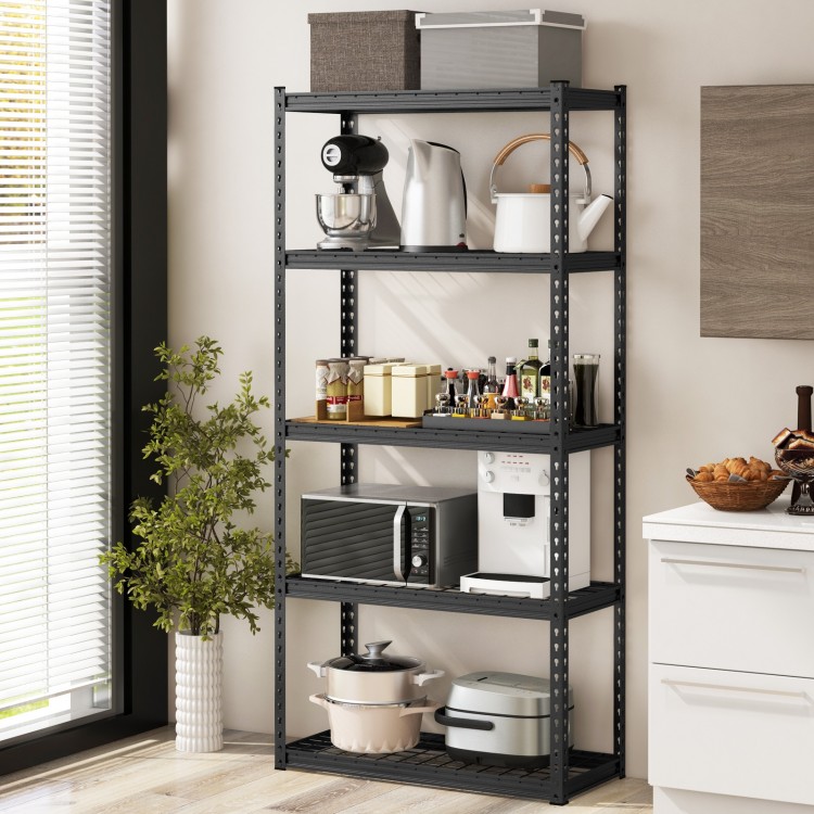 5-tier metal shelving unit with adjustable shelves, anti-slip foot pads, ideal for garage or kitchen storage.