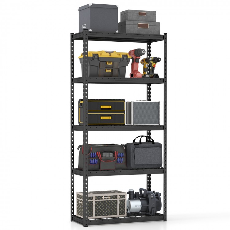 5-tier metal shelving unit with adjustable shelves, featuring anti-slip foot pads, ideal for garage storage solutions.