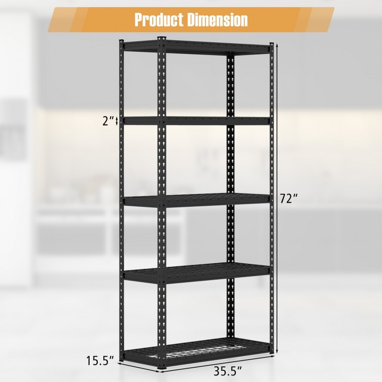 5-tier metal shelving unit with adjustable shelves, anti-slip foot pads, and sturdy design for garage storage.