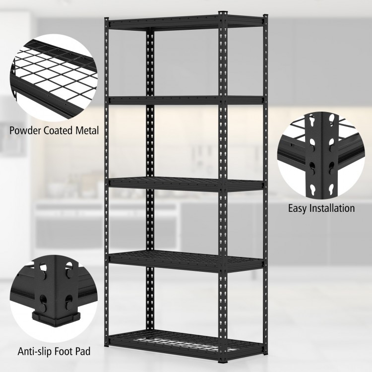 5-tier metal shelving unit with adjustable shelves, anti-slip foot pads, and easy installation for versatile garage.