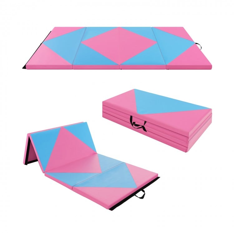 Folding gymnastics mat in pink and blue with hook and loop fasteners, ideal for fitness and kids' play.
