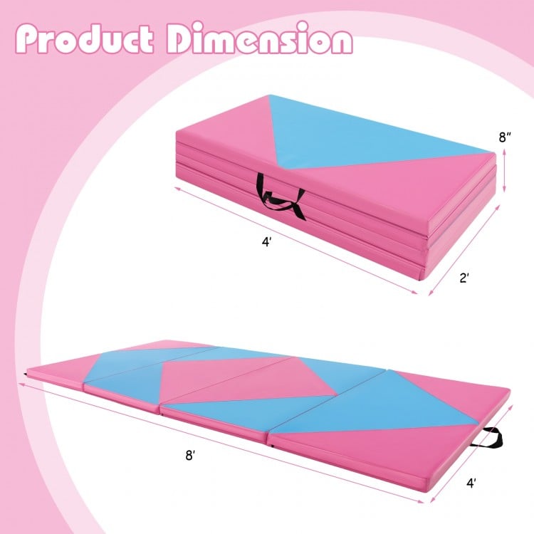 Folding gymnastics mat in pink and blue, 8 feet long, with hook and loop fasteners, ideal for fitness and kids' play.