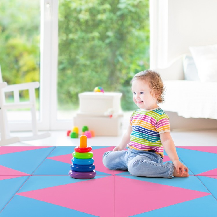 Colorful pink and blue 8 feet folding gymnastics mat, ideal for kids' play, featuring a soft PU leather cover.