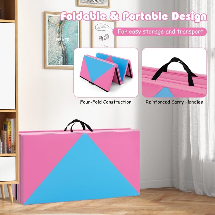 Pink and blue 8 feet folding gymnastics mat with PU leather cover and carry handles, ideal for fitness and kids' play.