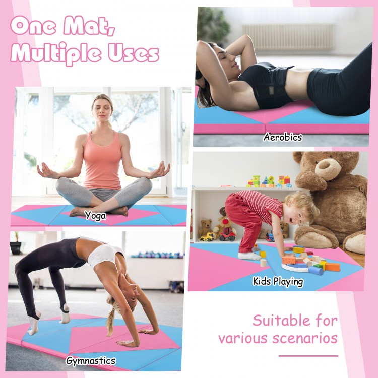 Folding gymnastics mat in pink and blue, featuring PU leather, ideal for yoga, aerobics, and kids' play.