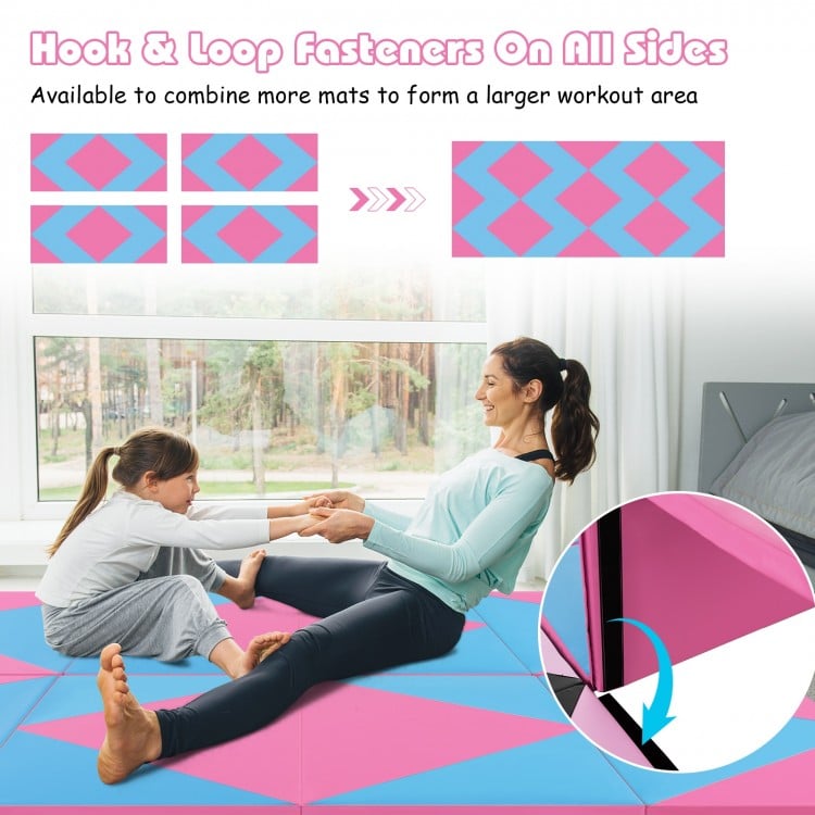 Close-up of the hook and loop fasteners on the pink and blue folding gymnastics mat, ideal for connecting multiple mats.