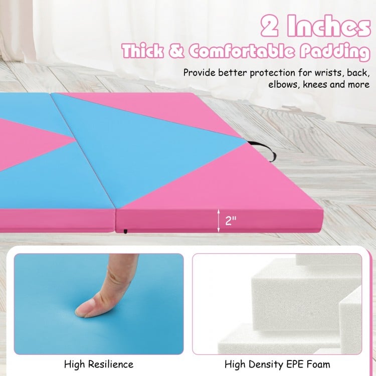 Folding gymnastics mat in pink and blue with 2-inch EPE foam padding, ideal for fitness and kids' play.