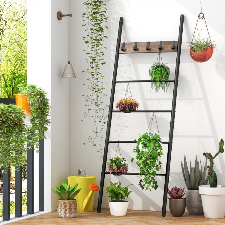 Wall-leaning blanket ladder with 5 removable hooks, featuring a durable metal frame, ideal for home decor and storage.