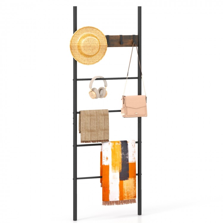 Wall-leaning decorative blanket holder with 5 removable hooks, featuring a durable metal frame for stylish home storage.