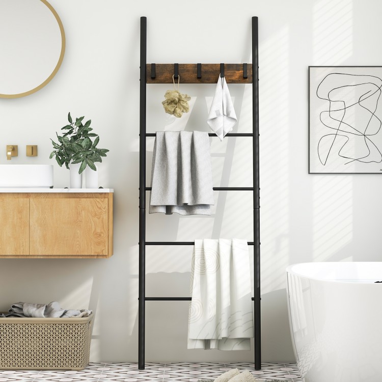 Wall-leaning decorative blanket holder with 5 removable hooks in an industrial design, perfect for bathroom storage.
