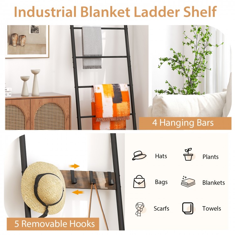 Wall-leaning decorative blanket holder with 5 removable hooks and 4 hanging bars for stylish storage in any room.