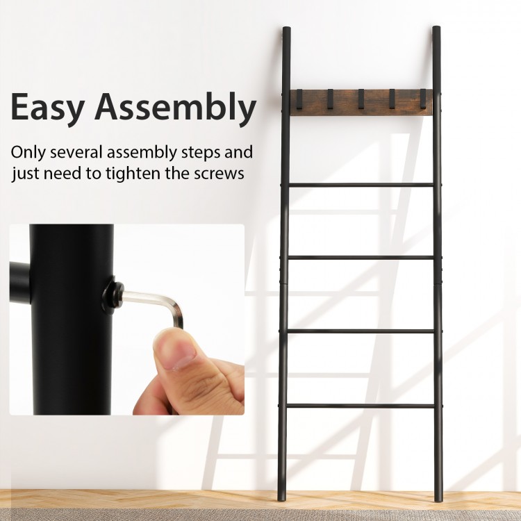 Wall-leaning decorative blanket holder with 5 removable hooks, featuring a sturdy metal frame for easy assembly and.