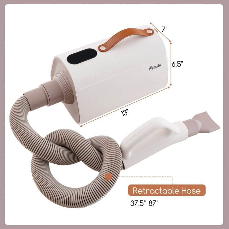 Dog cat hair blower with retractable hose, featuring adjustable temperature and negative ion technology for efficient.