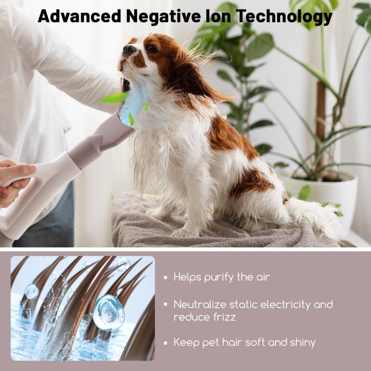 Dog hair blower with negative ion technology, adjustable temperature, and 5-finger comb nozzle for efficient drying.