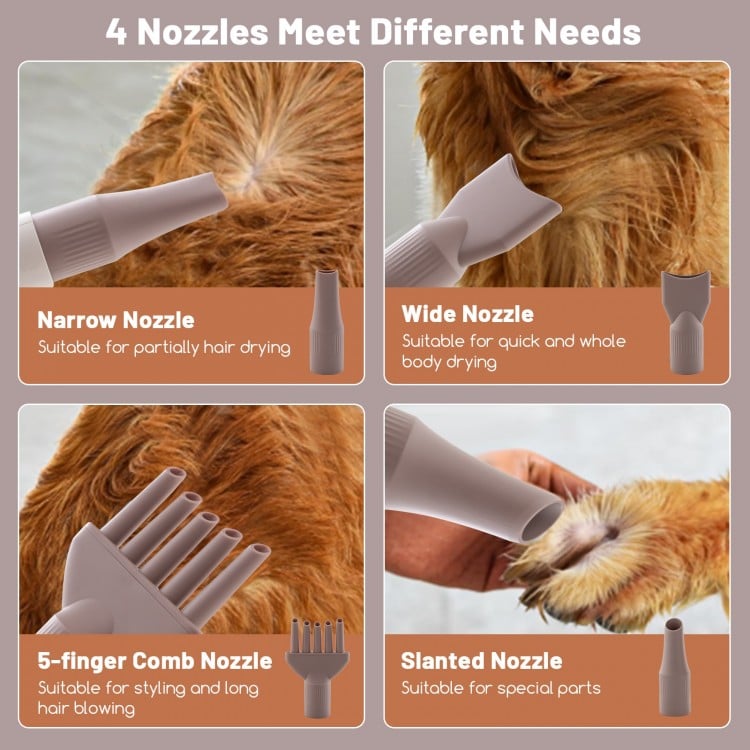 Narrow nozzle attachment for the dog cat hair blower, ideal for partial hair drying with adjustable temperature control.