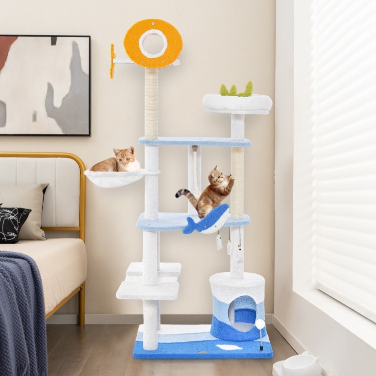 Multi-level ocean-themed cat tree tower in blue with sisal scratching posts and cozy hammock for playful cats.