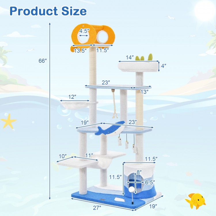 Multi-level ocean-themed cat tree tower in blue with sisal scratching posts and playful fish-shaped hanging balls.