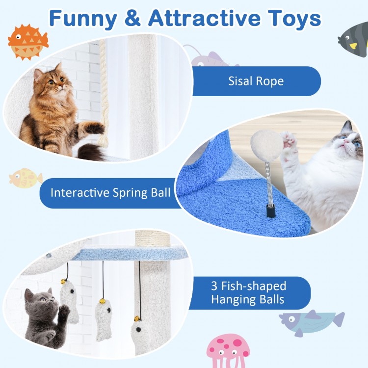 Interactive spring ball and sisal rope on the ocean-themed cat tree tower, perfect for playful cats.