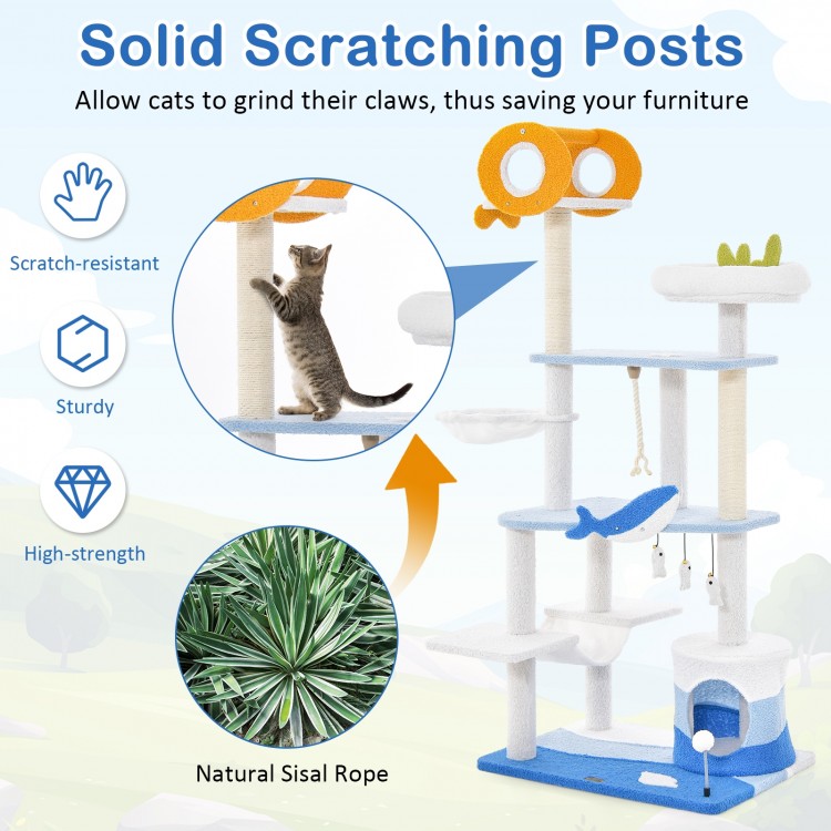 Close-up of the natural sisal rope on the scratching posts of the multi-level ocean-themed cat tree tower in blue.